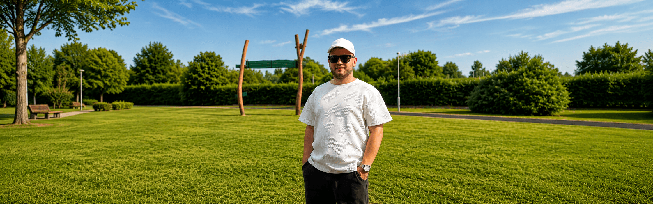 Ed Torba standing in a sunny park in a cap and sunglasses