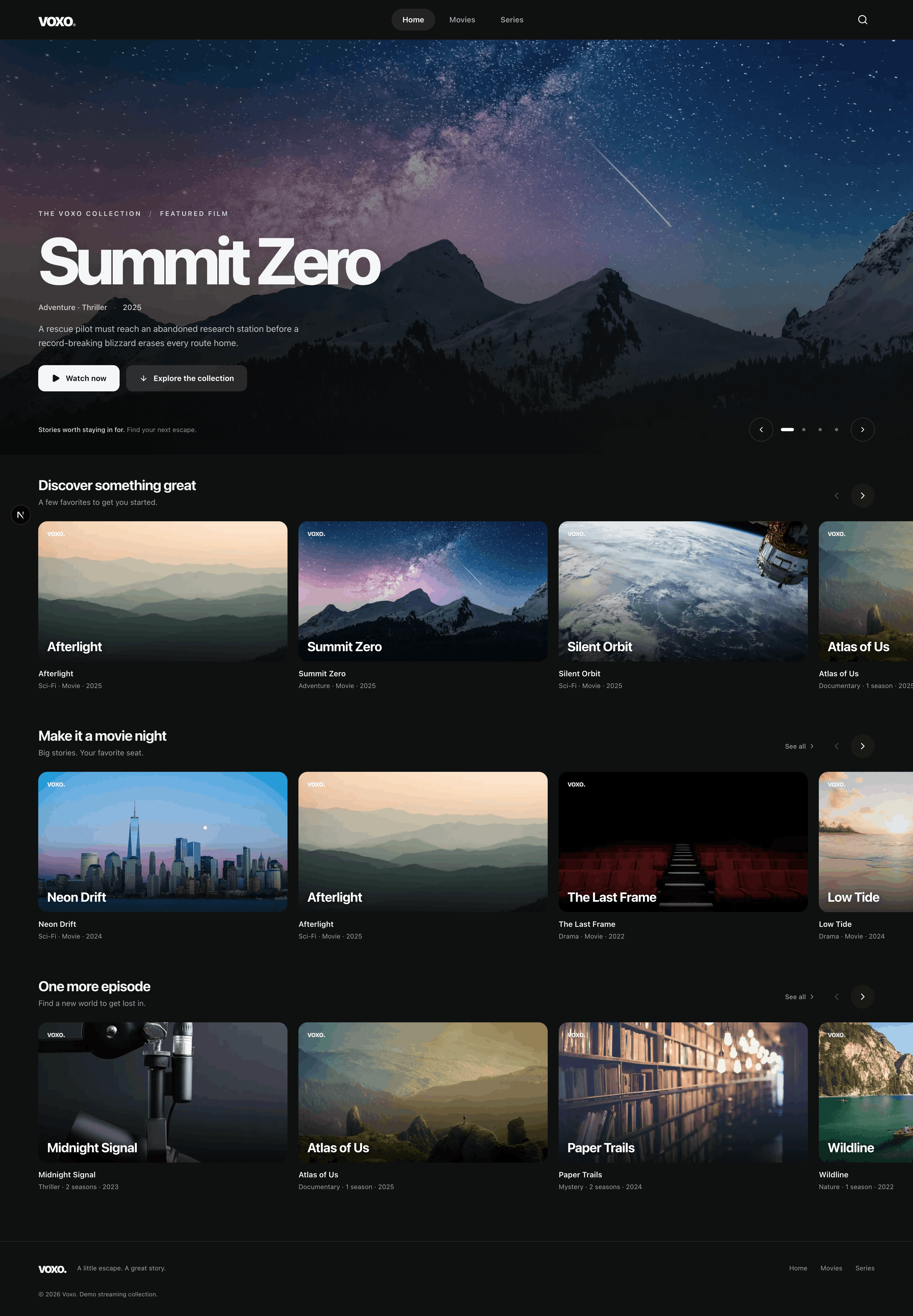 Ed Torba’s Voxo demo homepage, with Summit Zero featured above movie and series collections